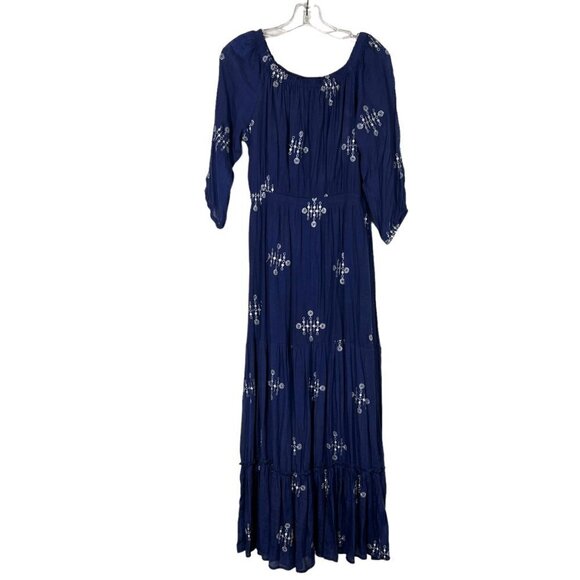 Blue White Maxi Dress Embroidered Cottagecore Scoop Neck Small - Picture 1 of 11